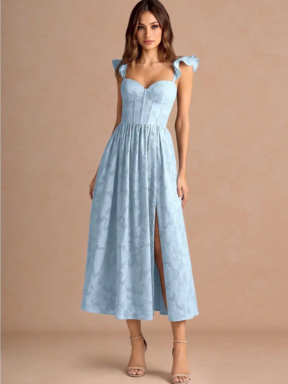 Denisse Sky Blue Floral Midi Dress with Ruffle Straps